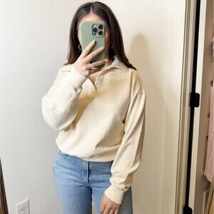 Sporty & Rich 100% Cotton Cropped Polo Sweatshirt Cream White Medium